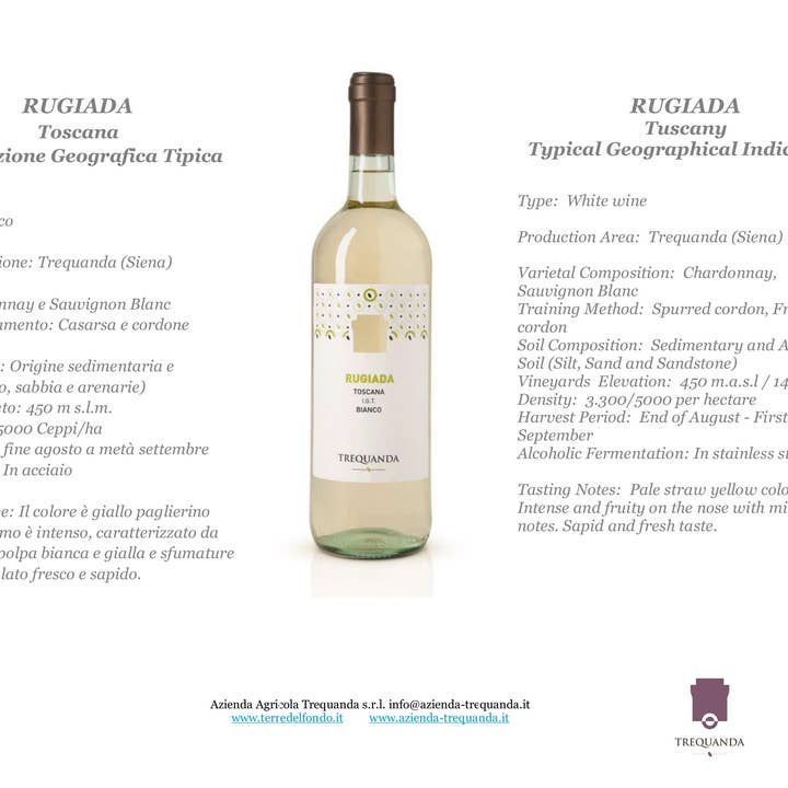 Metina SAS - Vendita all'ingrosso Vino bianco - Rugiada Vino Bianco IGT Toscana Agricola Trequanda 75 cl.