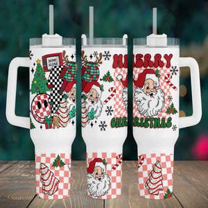 Christmas 40 Oz Tumbler With Handle, Red or Green Tumbler, Christmas Trees,  Insulated Tumbler With Handle and Straw, Christmas Gift for Her 
