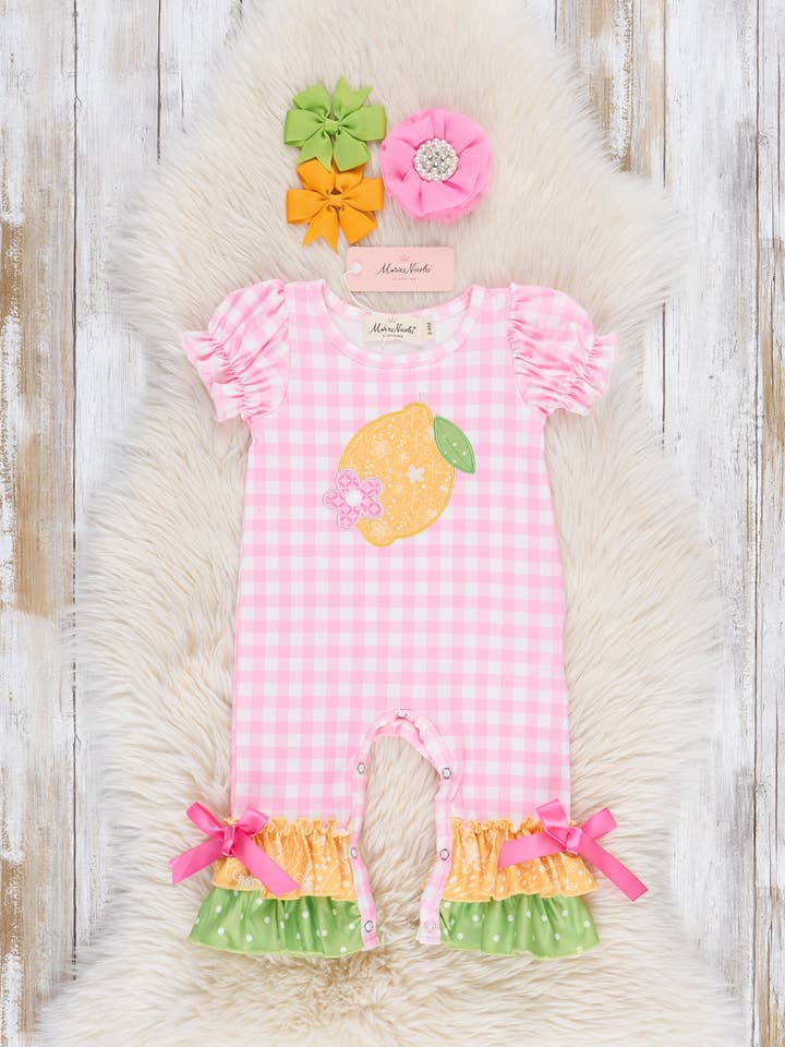 Embroidered Lemons Gingham Ruffle Romper for wholesale by Marie Nicole Clothing