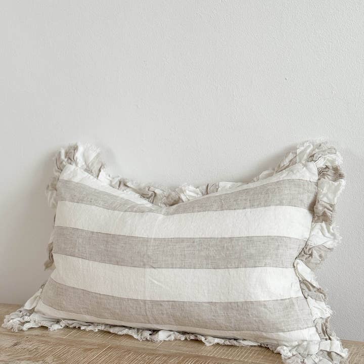 Ellenvale Trade - Wholesale Throw Pillow Cover - Hallie Ruffled Linen Cushion Cover 50x30 – Beige & Cream Wide Stripe