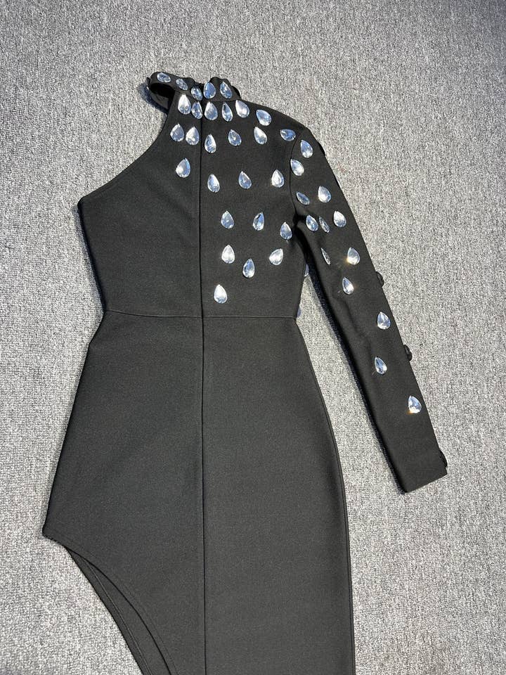 Black DR072 Glam One-Shoulder Rhinestone Bandage Dress for wholesale on Faire8