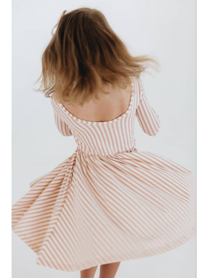 Good Apples Kids - Wholesale Dress - Kids - 3/4 Sleeve Twirl Dress in Vintage Pink Stripes5