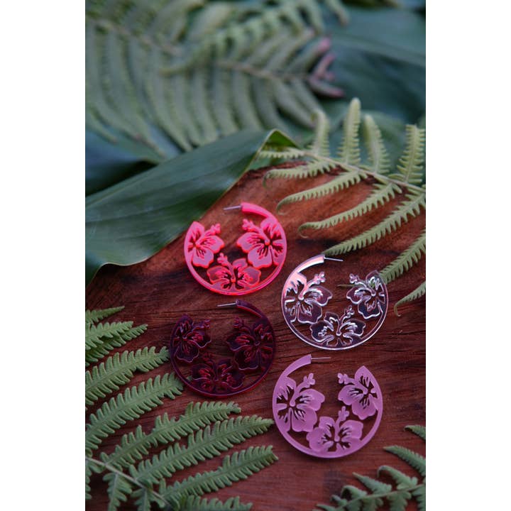 Hibiscus Filled Hoops - Laser Cut Acrylic Earrings for wholesale by Kaumana Crochet and Crafts
