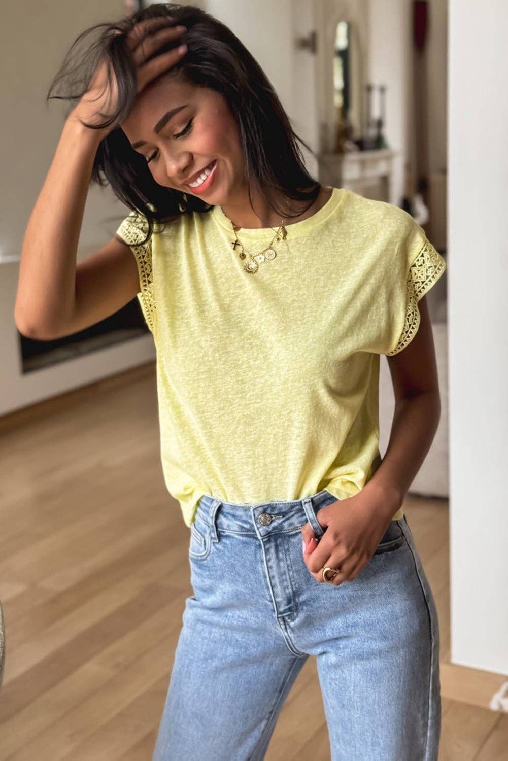 Yellow Cream Lace Patchwork Cap Sleeve Round Neck T Shirt for wholesale on Faire1