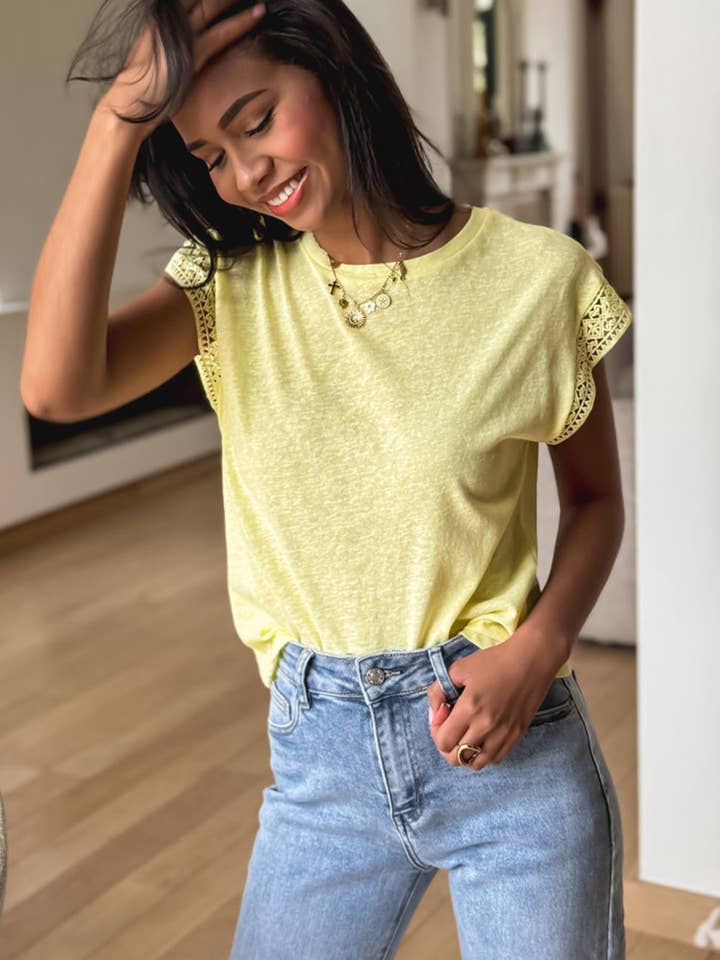 Yellow Cream Lace Patchwork Cap Sleeve Round Neck T Shirt for wholesale on Faire1