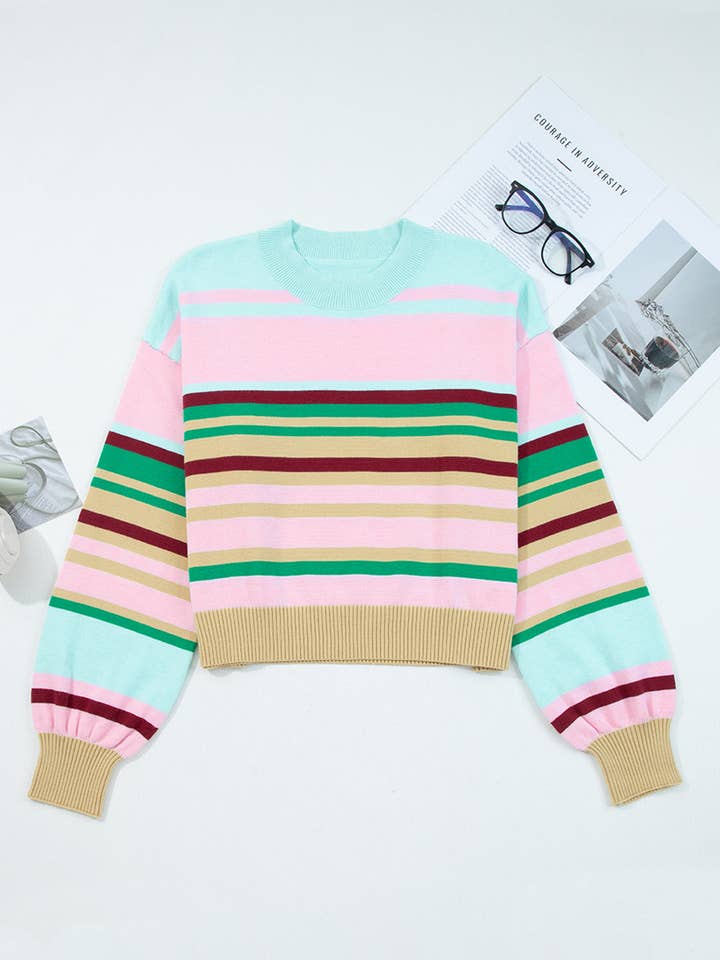 Multicolour Stripe Ribbed Trim Crewneck Cropped Sweater for wholesale on Faire0