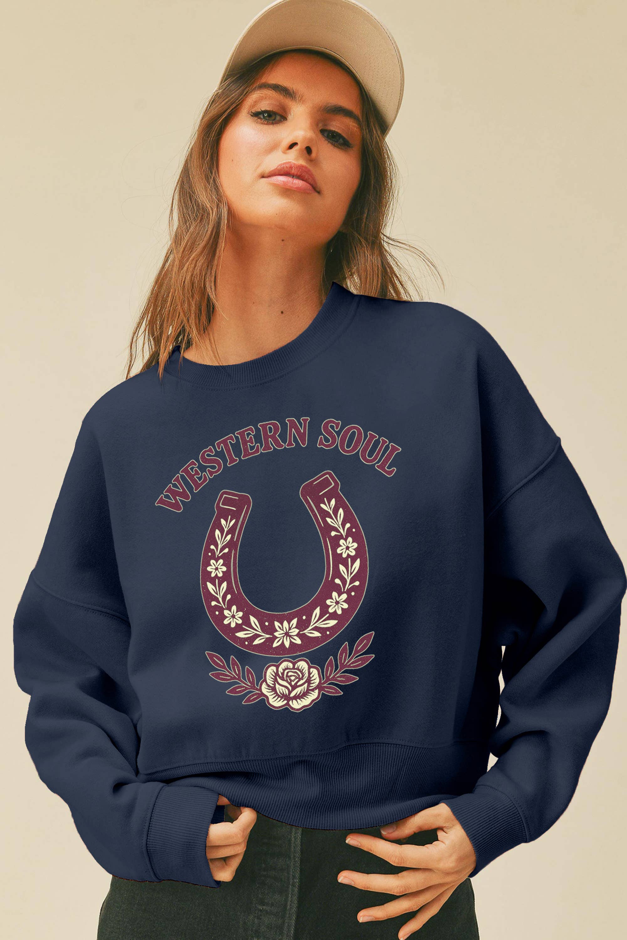 Honestee - Wholesale Graphic Sweatshirt - Women's - Western Soul Horseshoe Short Cropped Long Sleeve Sweatshirt4