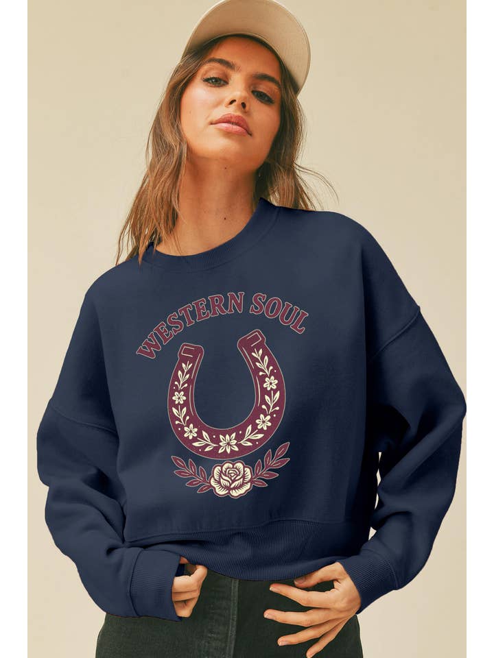 Honestee - Wholesale Graphic Sweatshirt - Women's - Western Soul Horseshoe Short Cropped Long Sleeve Sweatshirt4