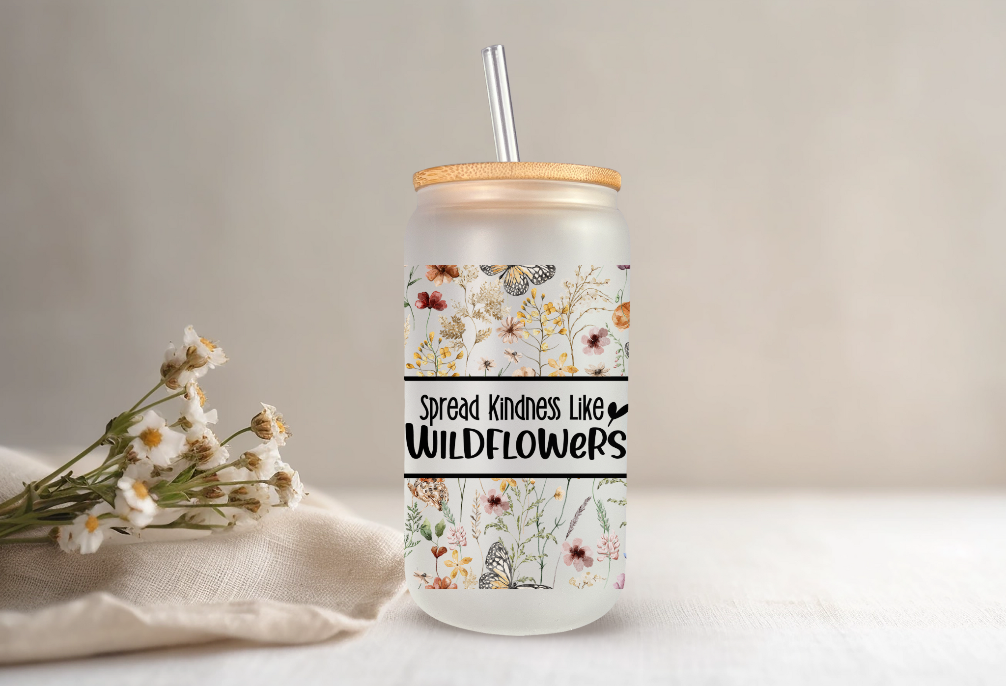 The Inspiration Haven - Wholesale Drinking Glass/Cup - 16 Oz Can Glass- Spread Kindness Like Wildflowers1