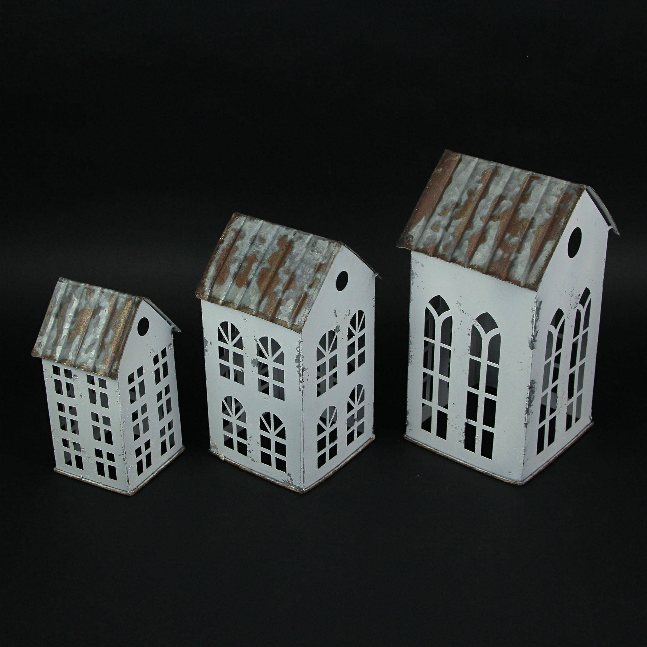 Zeckos - Wholesale Christmas Decoration - Set of 3 White Galvanized Nesting Houses With Rusty Roof4