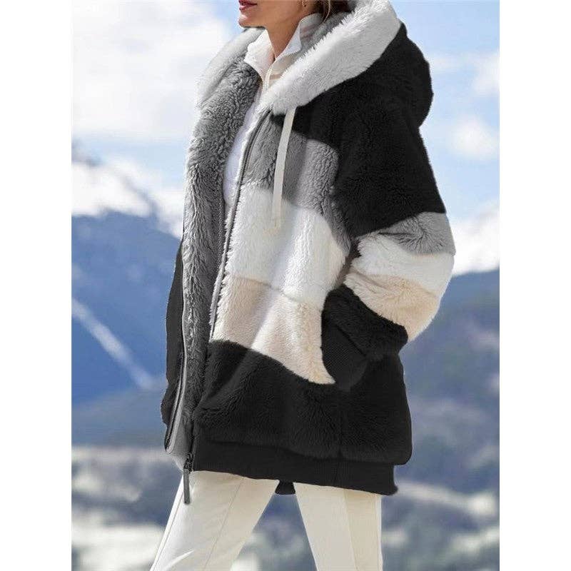 Ekartini - Vendita all'ingrosso Pelliccia/Pelliccia sintetica - Donna - Giacca invernale da donna alla moda in peluche patchwork con tasca con cerniera Giacca invernale con cappuccio Cappotto a maniche lunghe allentato retrò0