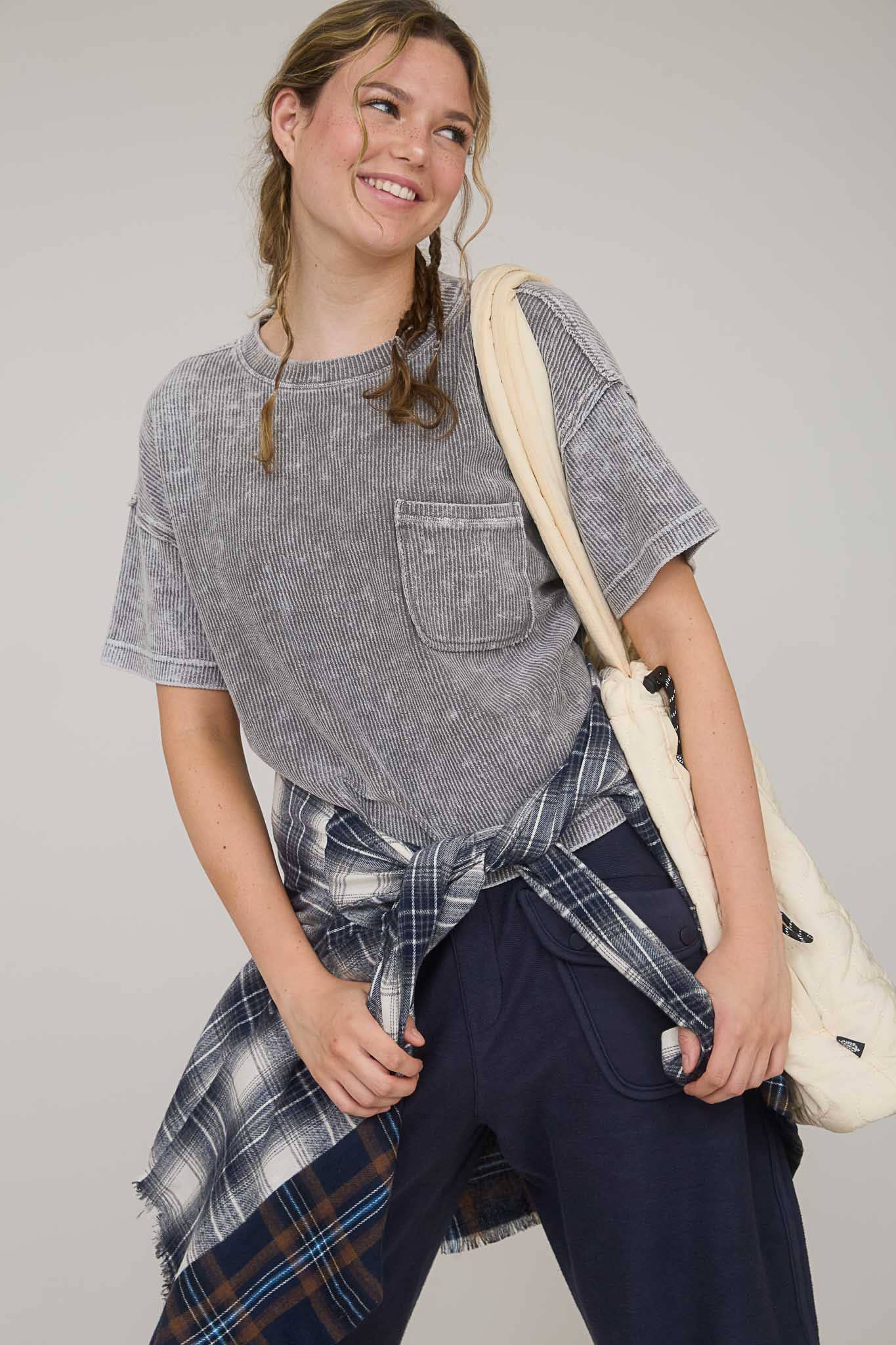 J.O.A - Wholesale Knit Top - Women's - WASHED RIBBED SHORT SLEEVE TEE WITH POCKET17