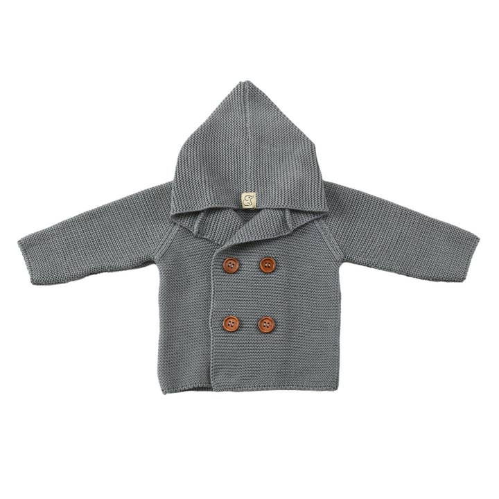 Grey Double Breasted Hooded Baby and Kids Cardigan for wholesale by Baboo