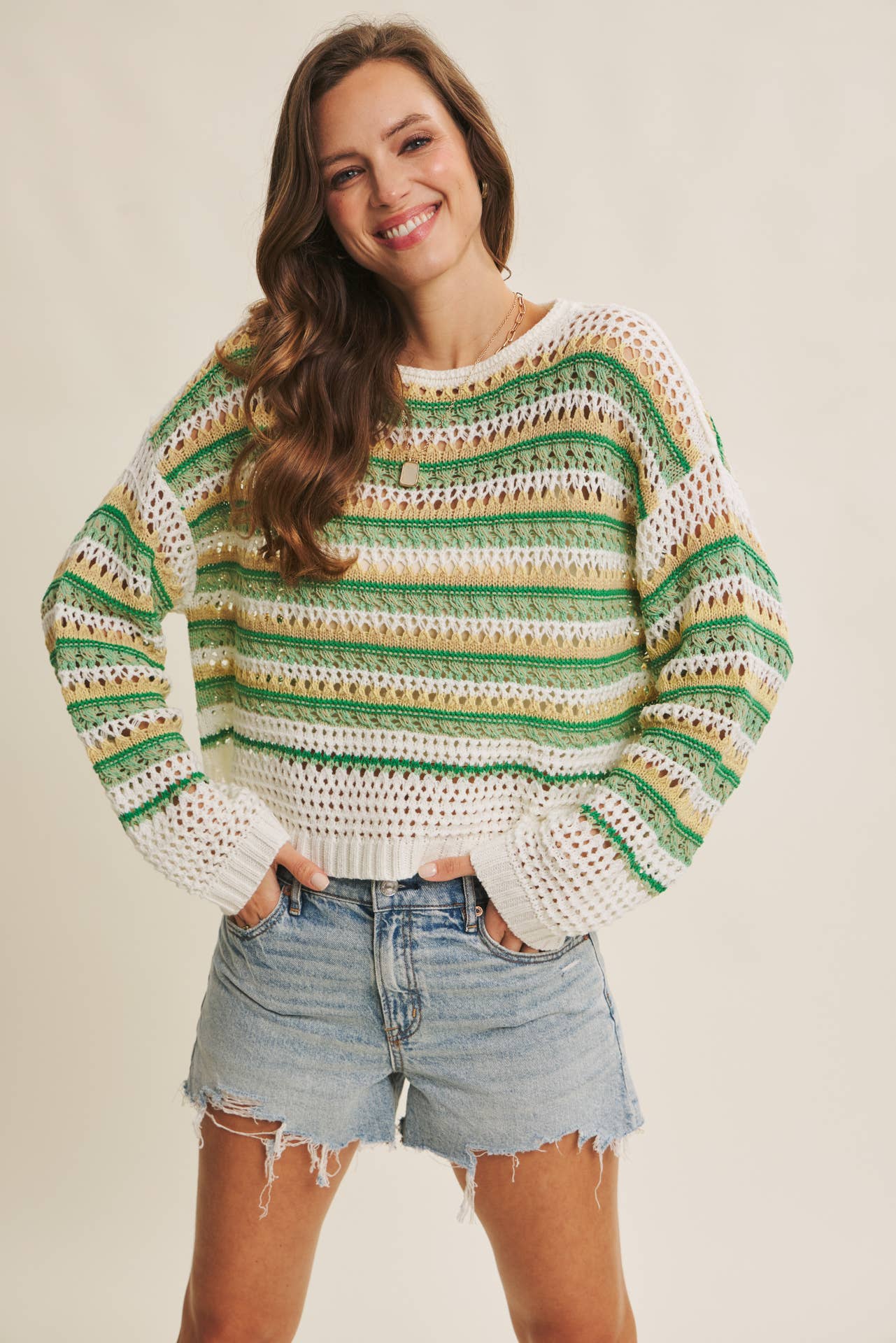 in february - Wholesale Knit Sweater - Women's - BRIGHT VIBRANT MULTI STRIPE LOOSE FIT CROCHET SWEATER TOP18