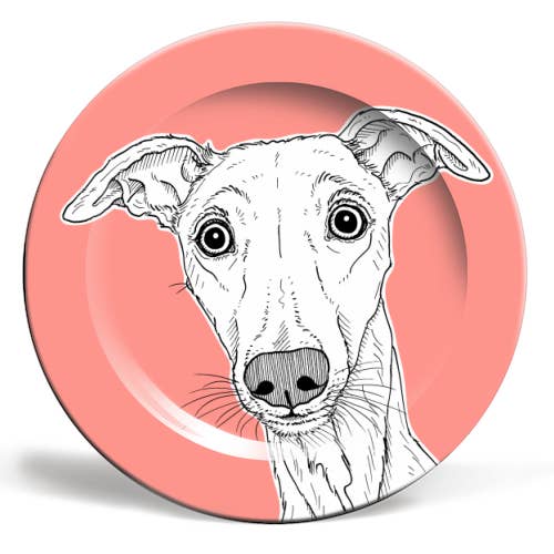 ART WOW - Vente Assiettes/plats/bols de décoration - ASSIETTE 20,3 CM, PORTRAIT DE CHIEN WHIPPET (FOND CORAIL)