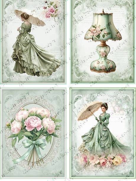 DRP328 - Dames victoriennes et fleurs - Papier de riz A4 pour la vente par Decoricepaper