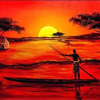 Feith Jones - Africa Sunset In The Village And Man In The Boat for wholesale by Migneco & Smith