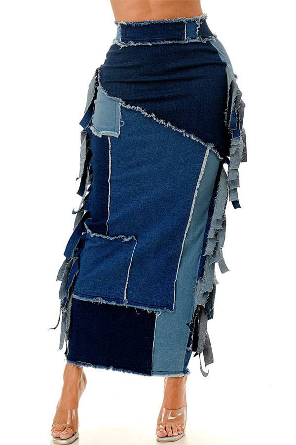 DENIM COMBO Højtaljet farveblok patchwork denimnederdel for engroshandel på Faire0