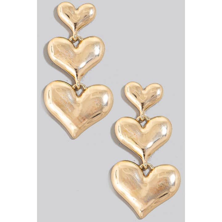 G Triple Metallic Heart Chain Dangle Earrings for wholesale on Faire