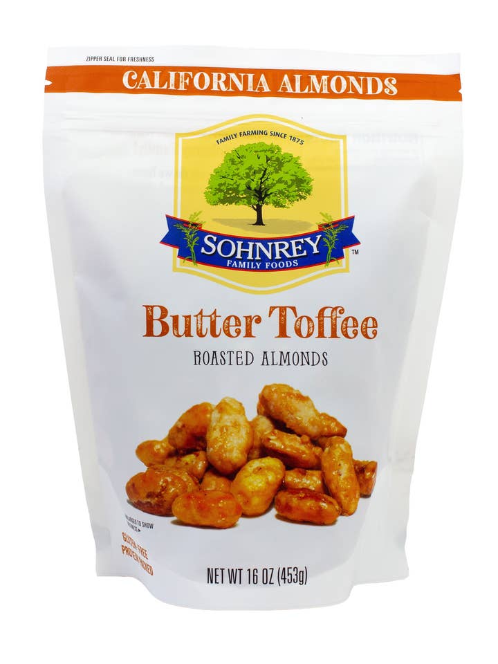 Butter Toffee Almonds 16 oz for wholesale by Sohnrey Family Foods LLC