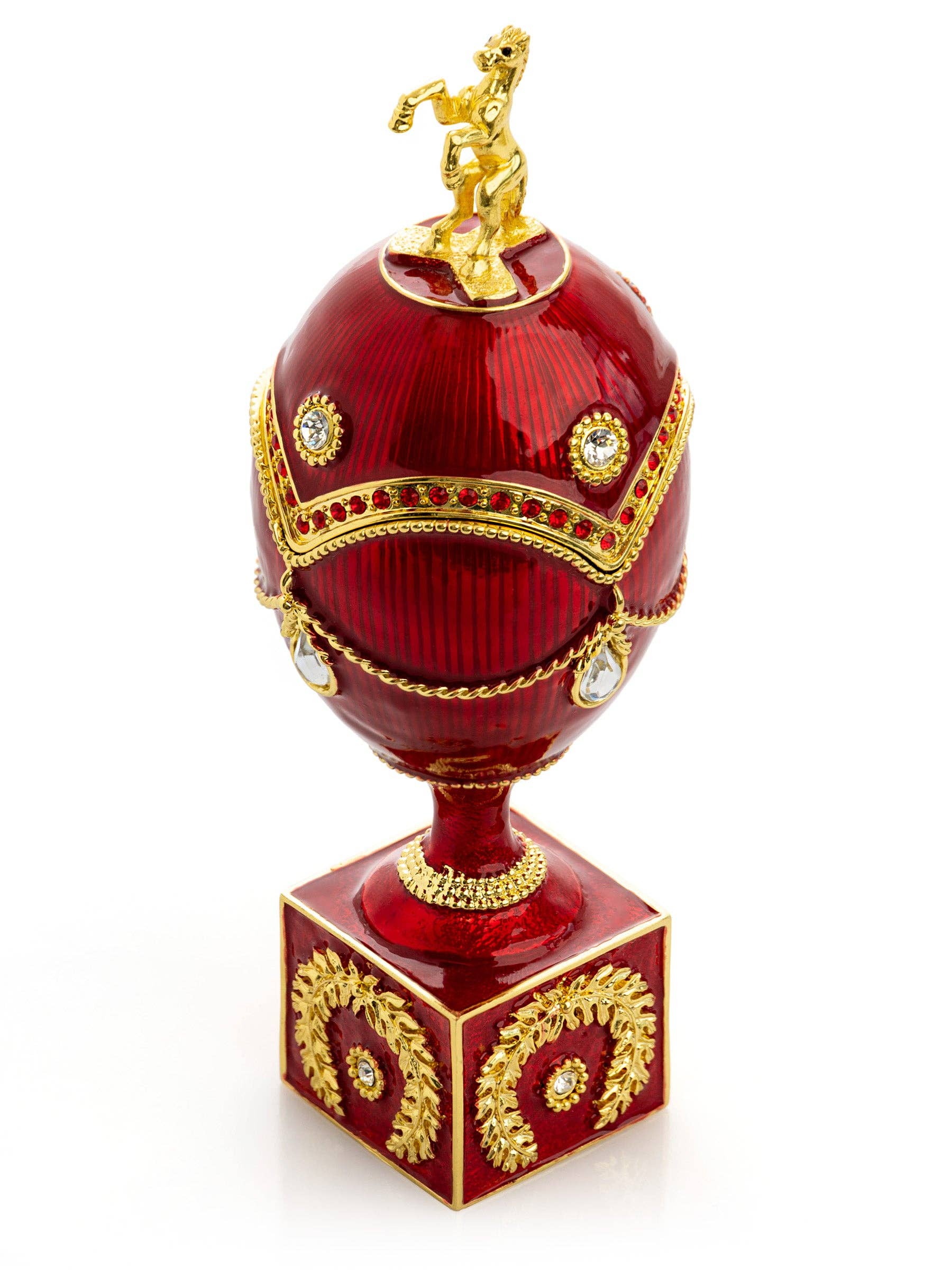 Keren Kopal – wholesale Prydnadslåda – Rött Fabergé-ägg med guldfärgad häst9