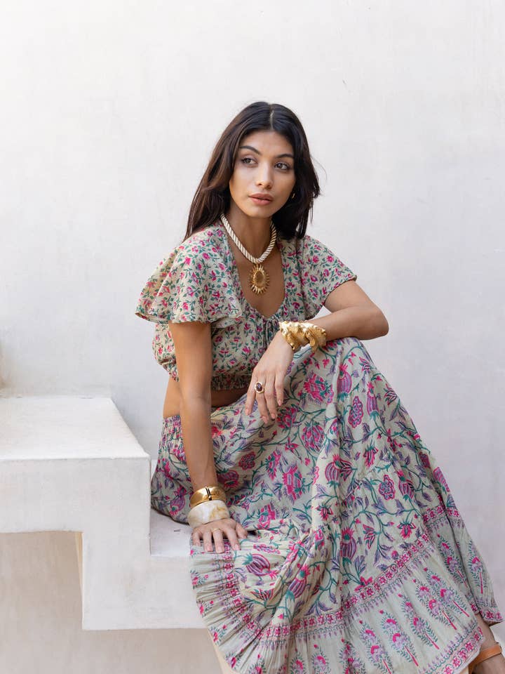 Ensemble assorti : Haut et jupe imprimés à la main (Ziya) pour la vente par The Fox and The Mermaid