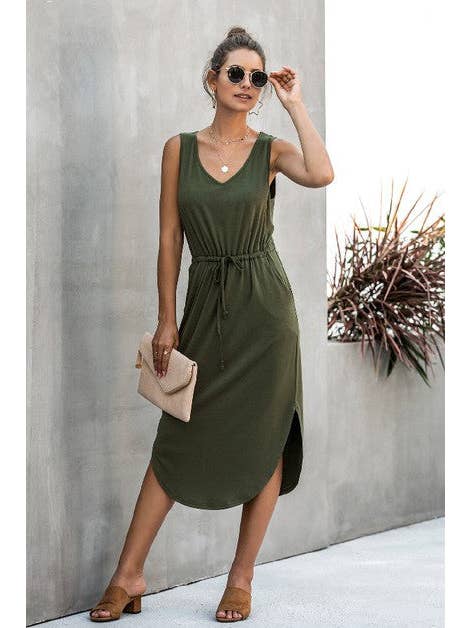 Supreme Fashion - Wholesale Dress - Women's - Solid Sleeveless Slim Waist V Neck Midi Dress