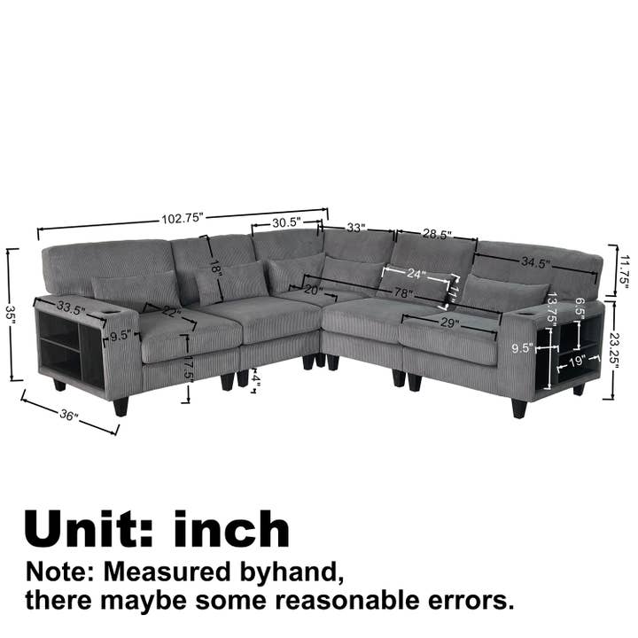 39F Inc. - Wholesale Sofa - Modular Corduroy L-Shaped Sectional Sofa with Storage,4Color3