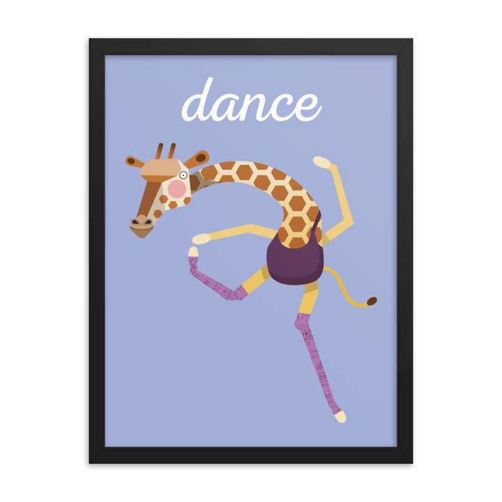 Dancing Giraffe Framed Art Print - English for wholesale by gabo and mateo designs