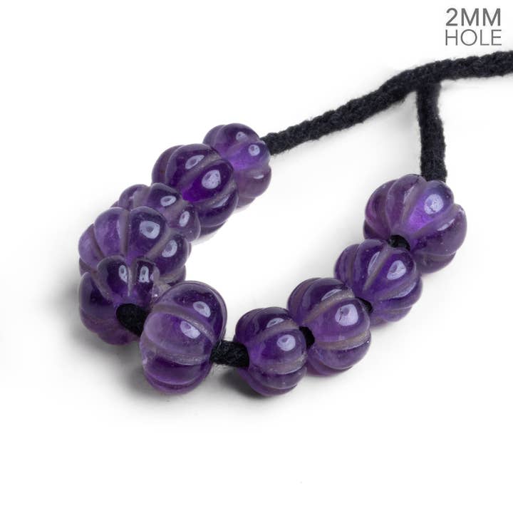 8-11mm Amethyst Carved Melon 2mm Large Hole 10 Beads for wholesale by The Bead Traders