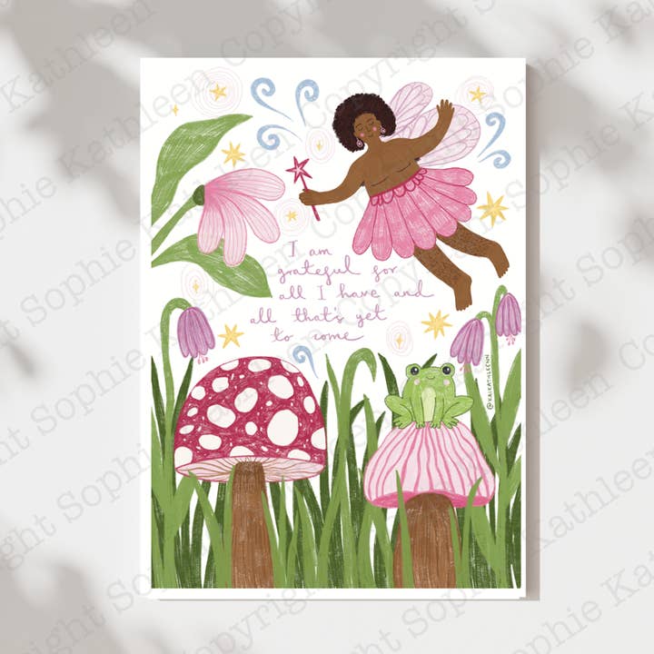 Impression artistique de gratitude avec fée fantaisiste et champignons pour la vente par Kai Kathleen