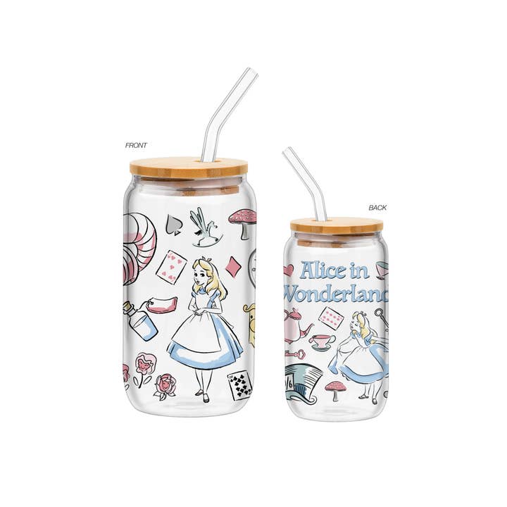 Silver Buffalo - Wholesale Drinking Glass/Cup - Alice in Wonderland Icons 16oz Glass Tumbler w Bamboo Lid