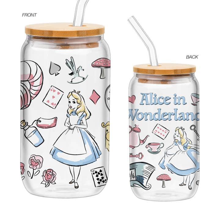 Silver Buffalo - Wholesale Drinking Glass/Cup - Alice in Wonderland Icons 16oz Glass Tumbler w Bamboo Lid0