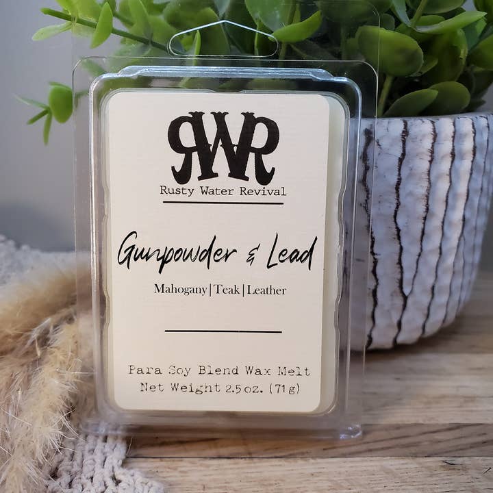 Rusty Water Revival, LLC. - Wholesale Jar/Filled Candle - Gunpowder & Lead Wooden Wick Candle, Wax Melts & Spray