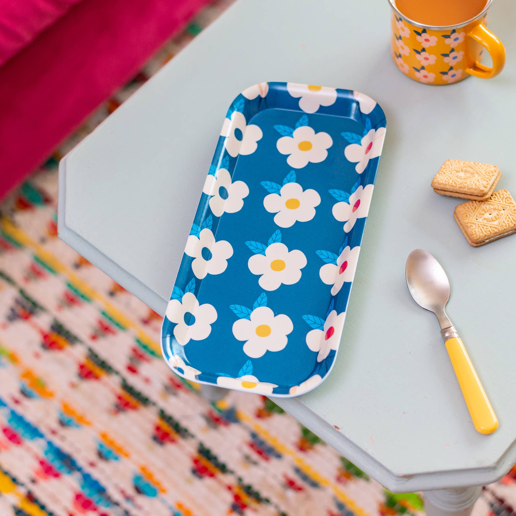 Enamelhappy - Wholesale Serving Tray - Retro Flower Rectangle Tray Cute Gift Navy Blue Print Pretty5