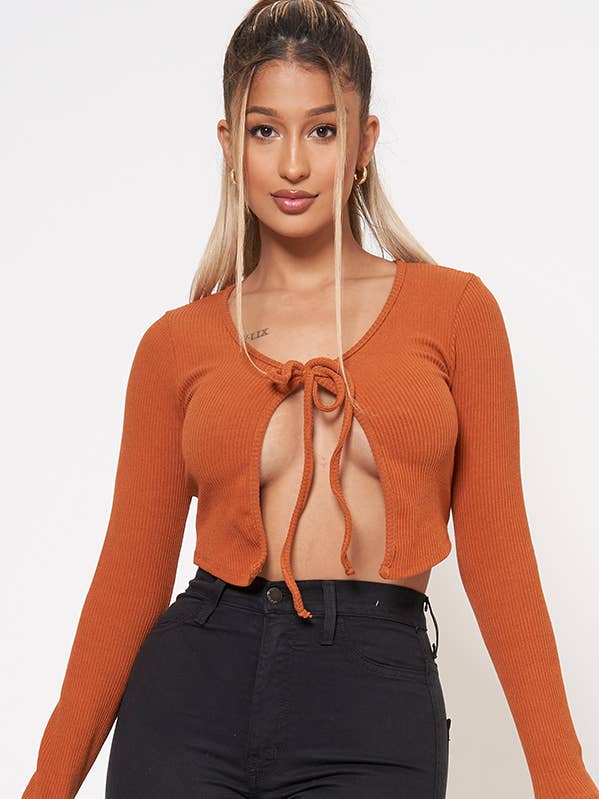 RIB KNIT LONG SLEEVE SELF TIE CARDIGAN TOP AT2309-E for wholesale by Junie