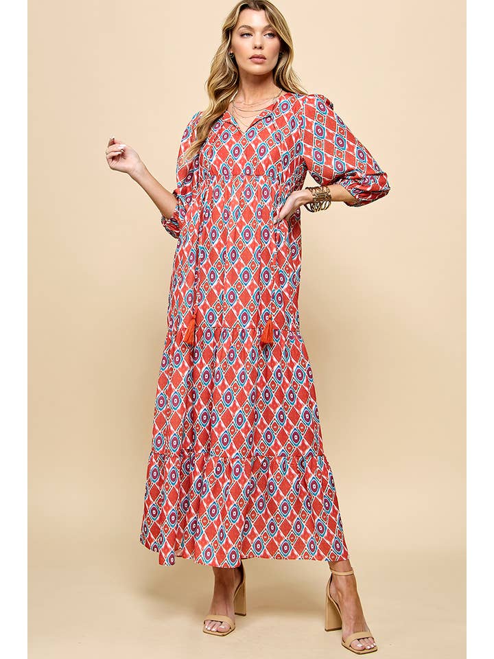 Cezele - Wholesale Dress - Women's - 3/4 Lantern Sleeve Print Boho Maxi Dress28
