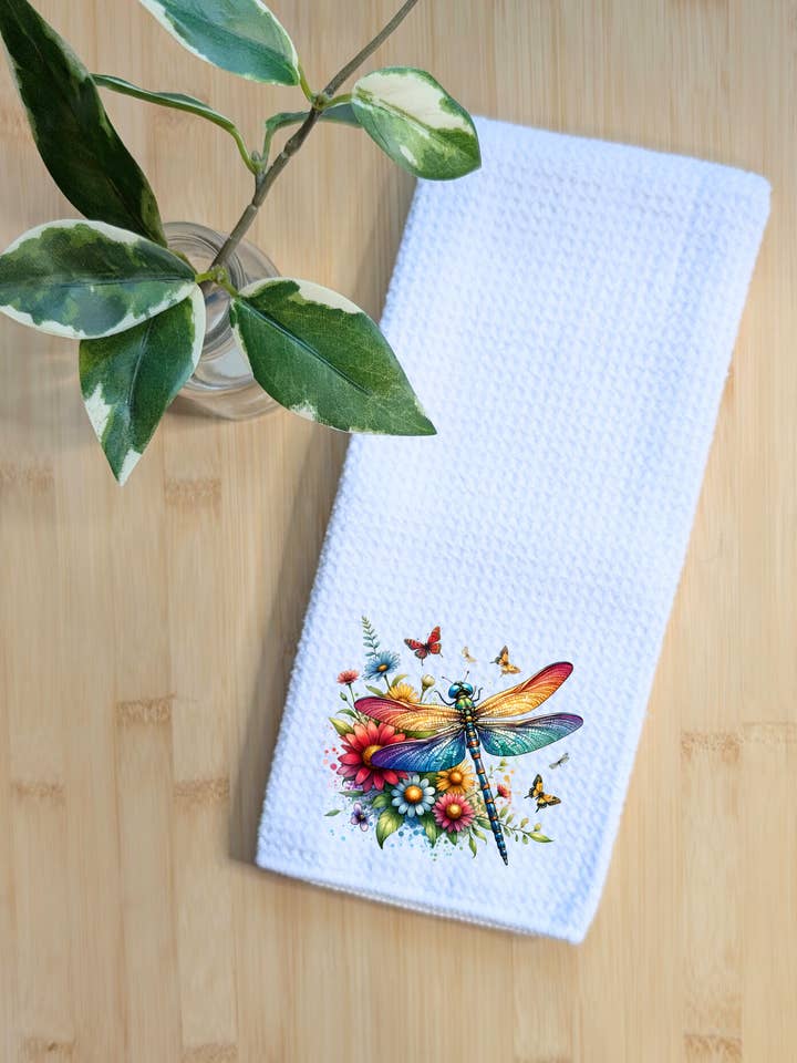 Tea Towel Waffle Fabric Dragonfly Floral Butterfly 16" x 24" for wholesale by Creations by Terra
