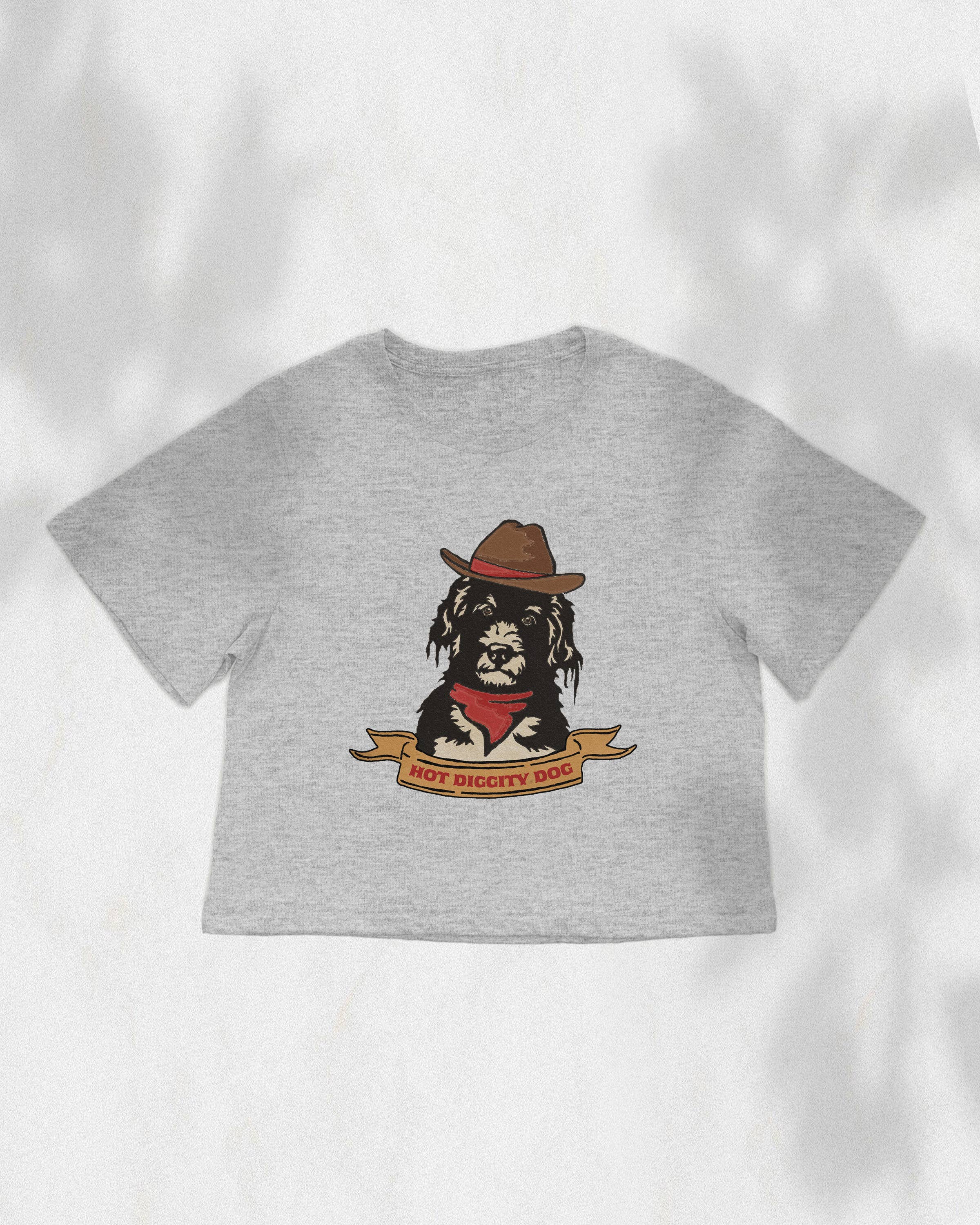 Cluster Funk Studio - Venta al por mayor Camiseta estampada - Mujer - Top corto cuadrado vaquero Hot Diggity Dog2