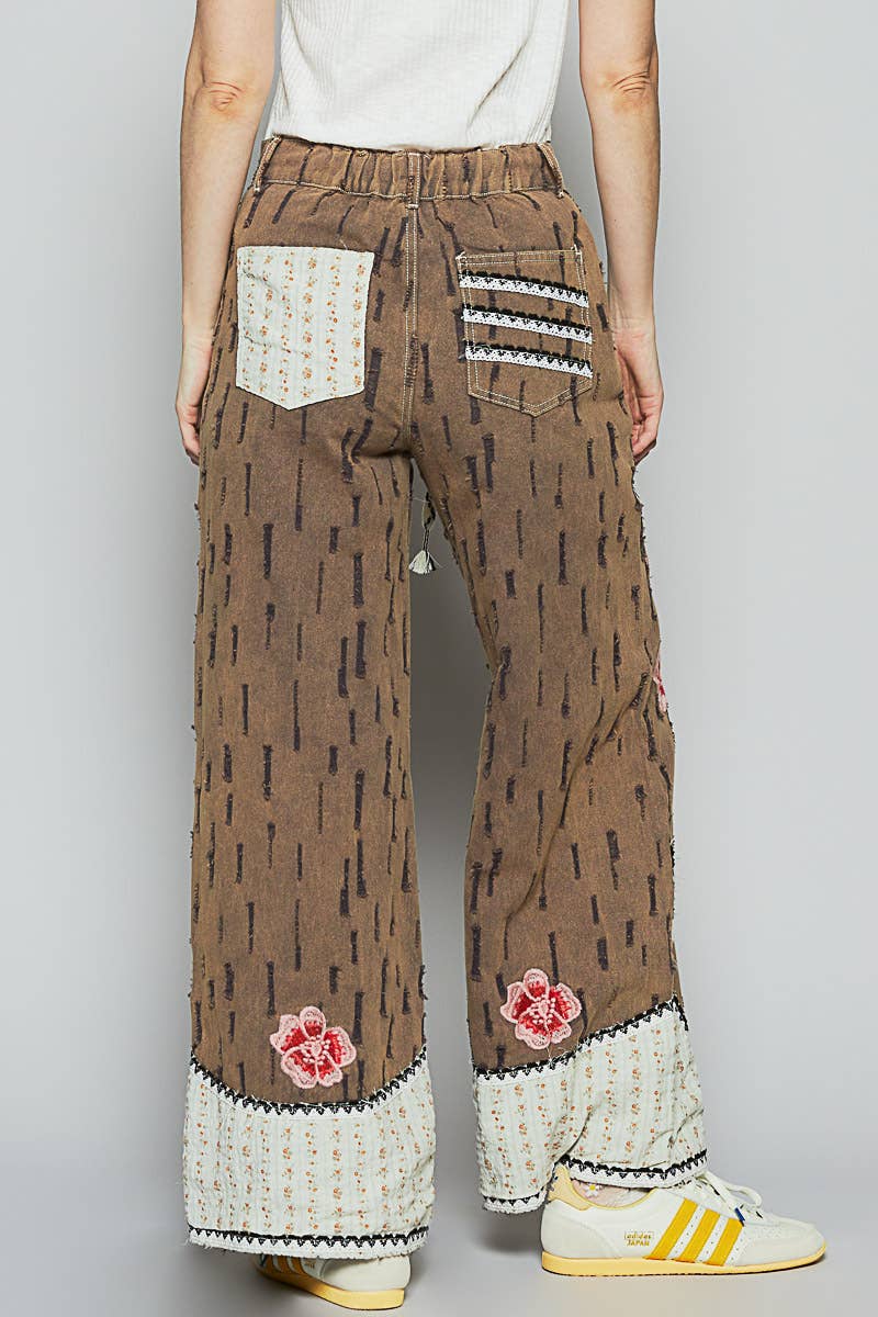 Pol Clothing - Wholesale Jeans - Women's - Floral patches embroidery elastic band casual pant12