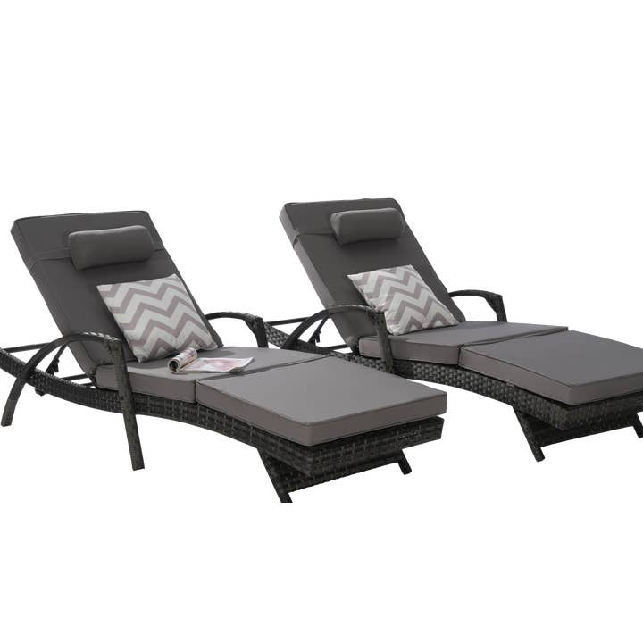 Dark Gray Outdoor Wicker Reclining Chair Set With Cushions for wholesale on Faire