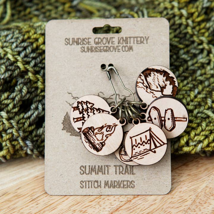 Summit Trail Hiking Stitch Markers Cherry Wood - 6 Pack for wholesale by Sunrise Grove