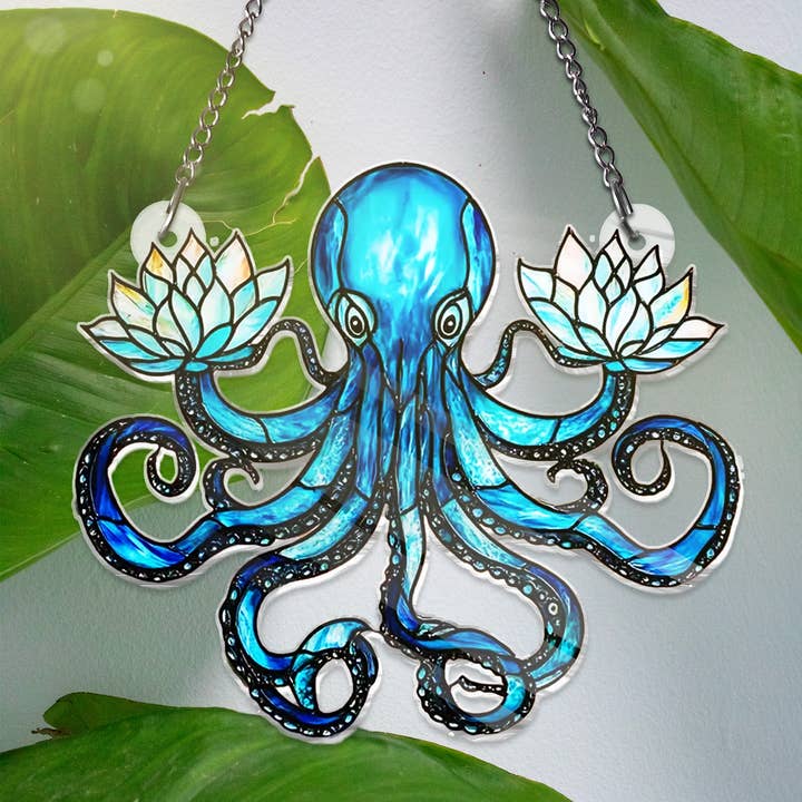 Blue Octopus ACRYLIC Window Hanging Décor Octopus Ornament for wholesale by Merchemy