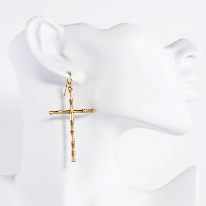 Wild Honey - Wholesale Dangle Earrings - Bamboo-Texture Metal Cross Dangle Earrings3