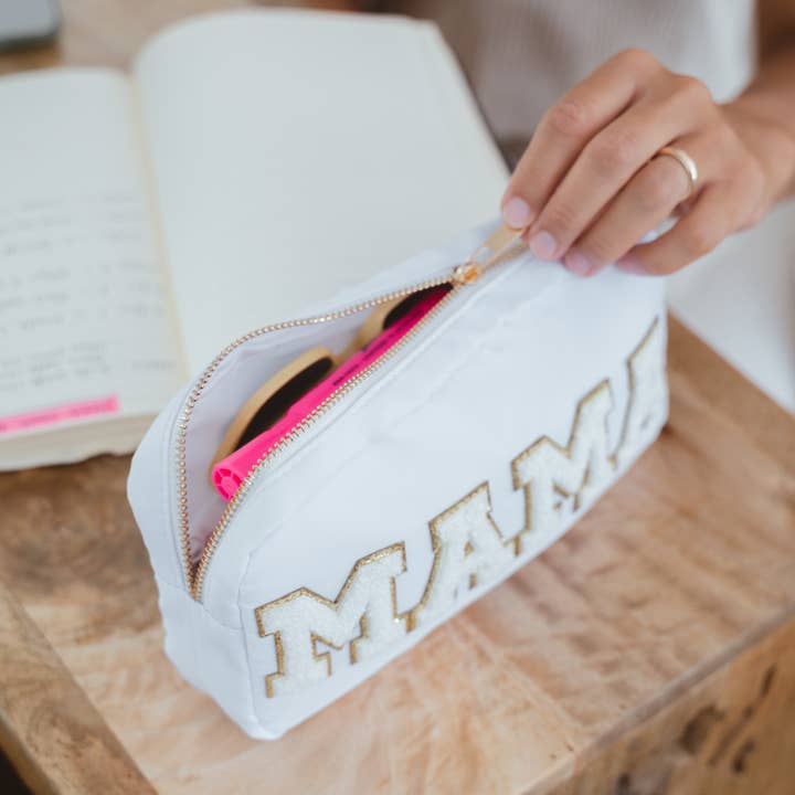 Natalia - Wholesale Pouch - Women's - Preppy White Nylon Glitter Chenille Letter Patch Bag - MAMA