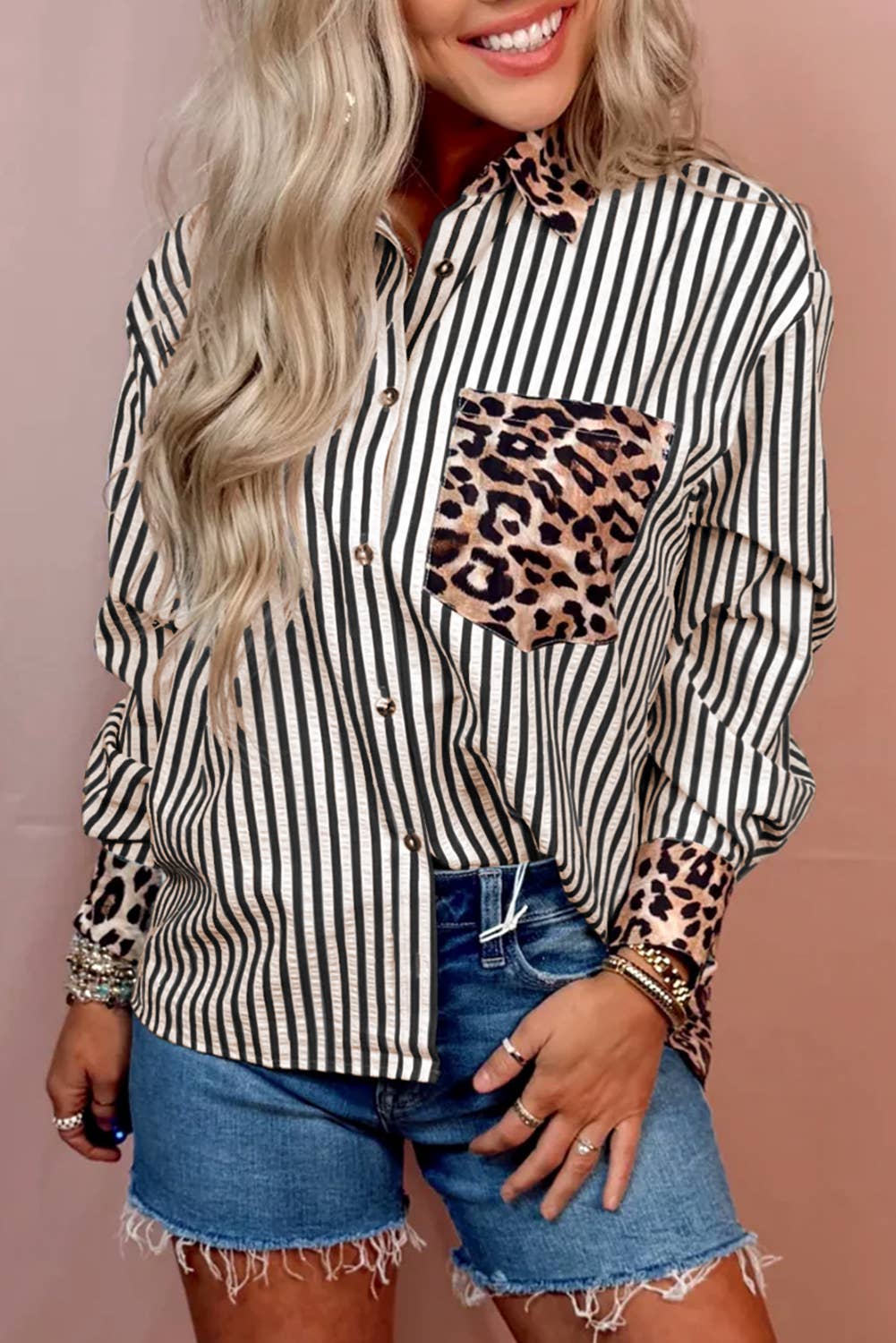 66DISCO - Wholesale Button Down Shirt - Women's - Spring 2026 Chic Contrast Leopard & Stripes Button Shirt1