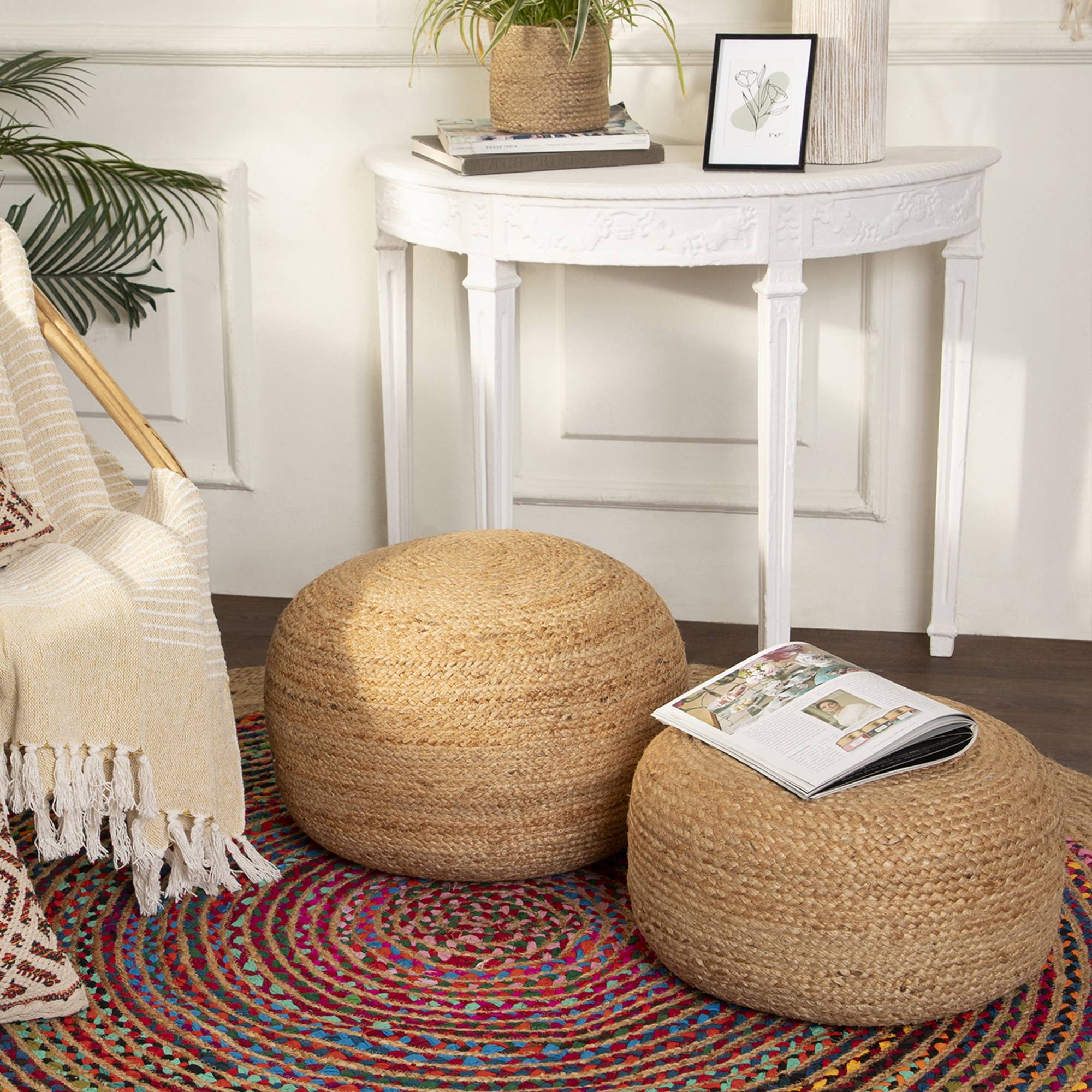 Natural · REDEARTH · Round 100% Jute Pouf (18"x18"x10"; Natural) for wholesale on Faire2