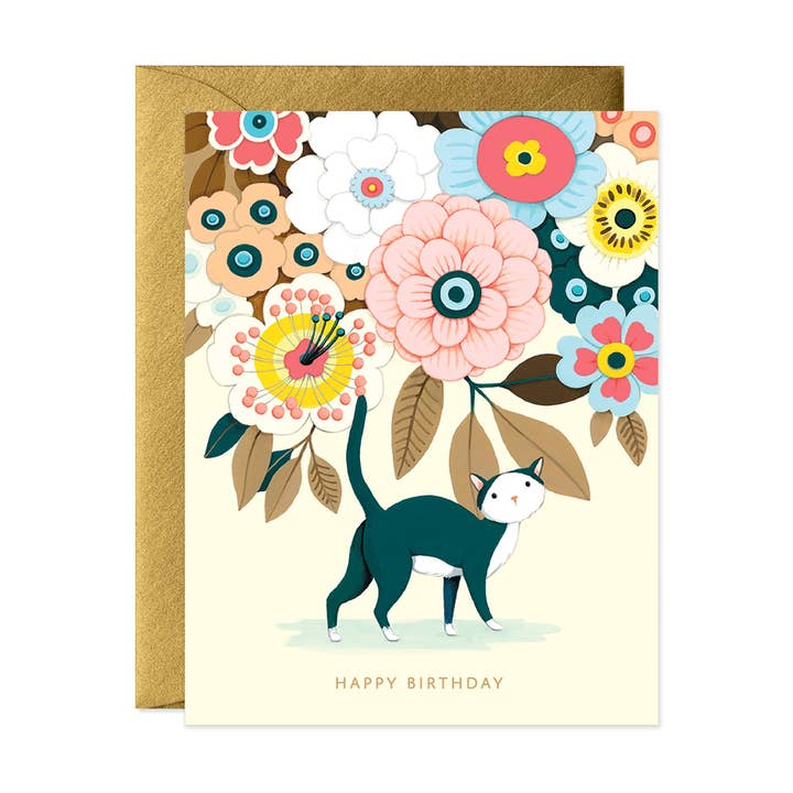 JooJoo Paper - Wholesale Birthday Card - Floral Kitty Birthday Greeting Card