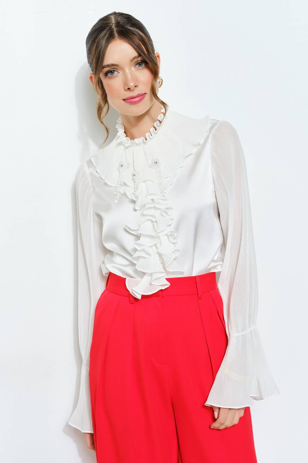 INA - Wholesale Blouse - Women's - Romantic Princess Pleated Satin Ruffled Blouse Top10