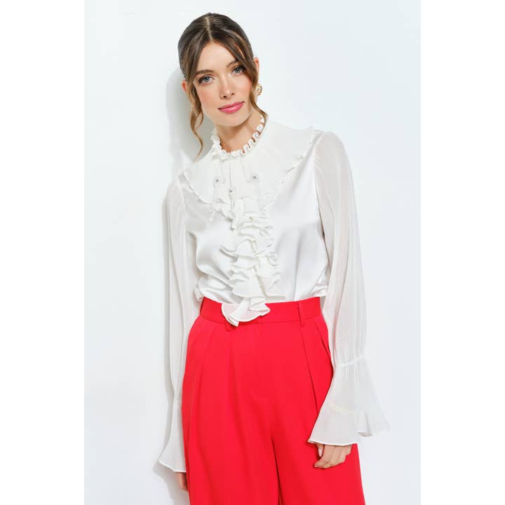 INA - Wholesale Blouse - Women's - Romantic Princess Pleated Satin Ruffled Blouse Top10
